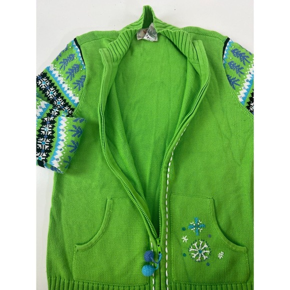 Quacker Factory Women's Green Long Sleeve Full Zip Ski Snow Motif Sweater M - Picture 7 of 16